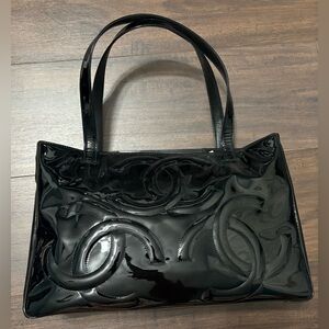 CHANEL Black Patent Leather Triple CC Tote Bag